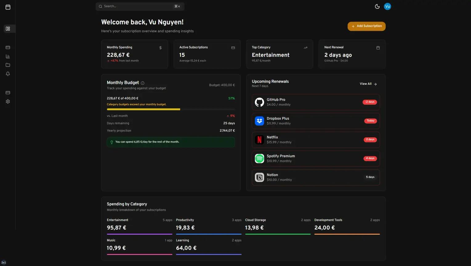 Vexly Dashboard - Track all your subscriptions in one place