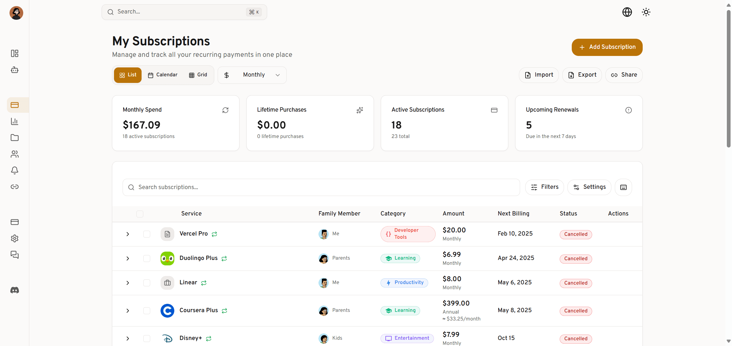 Vexly Dashboard - Track all your subscriptions in one place